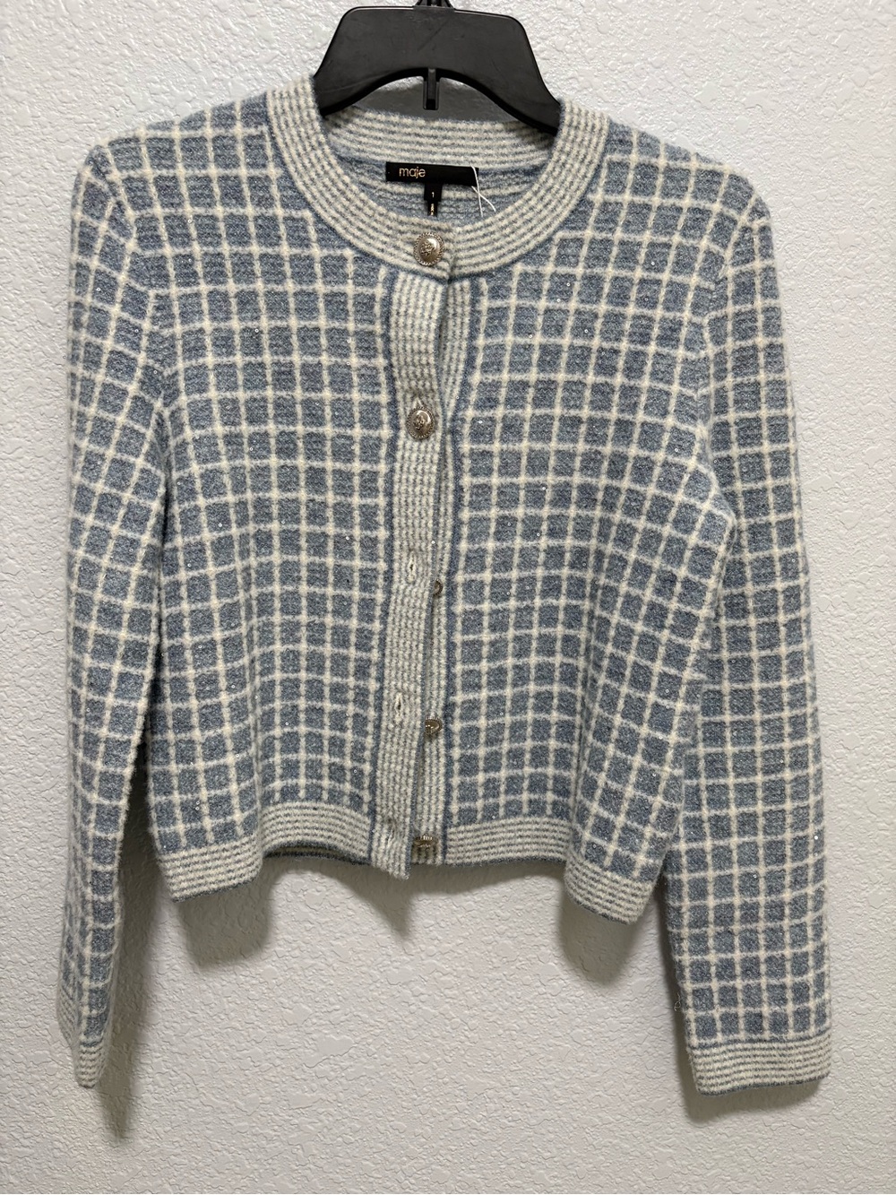 BNWOT Maje Checked stretch Knit Cardigan Sweater Sz 1 MSRP:$485